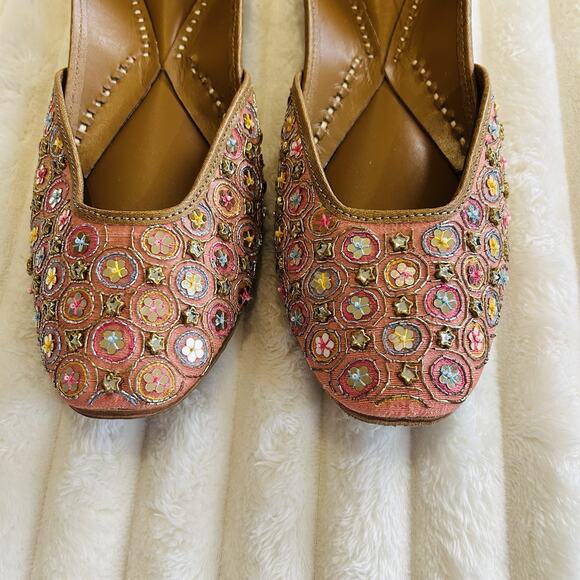 Indian Jutti Women Flat Pink Blue Gold Embroidered Khussa Beaded Fizzy Goblet - Picture 2 of 9